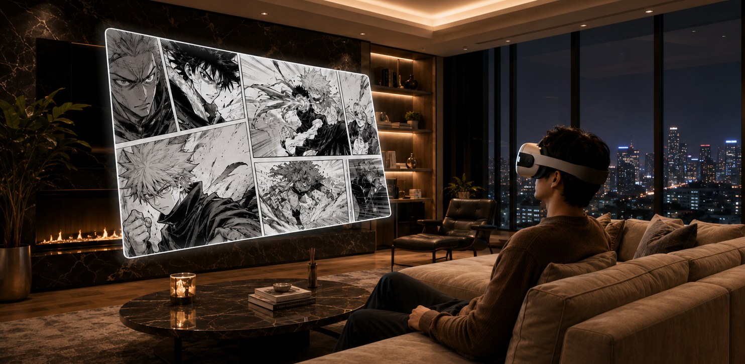 A reader wearing a VR headset watching a wall-sized manga page float in their living room